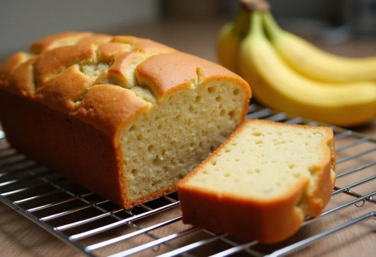 Freshly baked pão de banana displayed with slices, perfect for enjoying at home.