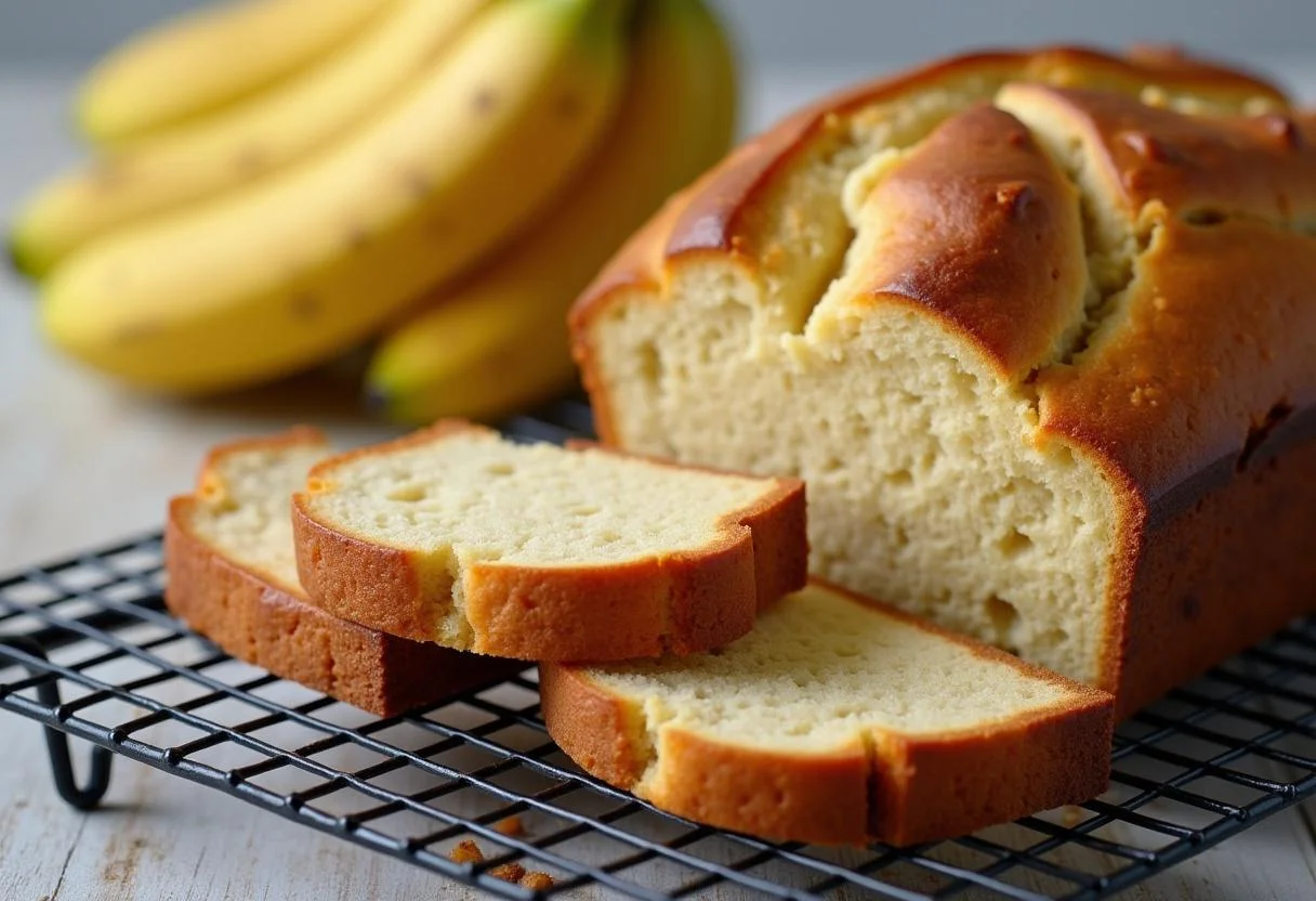 Freshly baked pão de banana displayed with slices, perfect for enjoying at home.