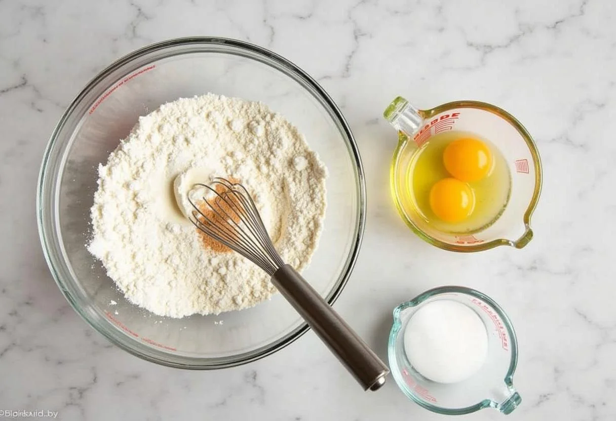 Mixing flour and sugar into mashed bananas for homemade pão de banana.