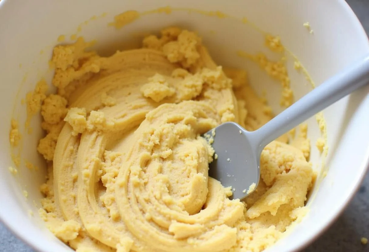 Stirring the batter for pão de banana until smooth and well mixed.