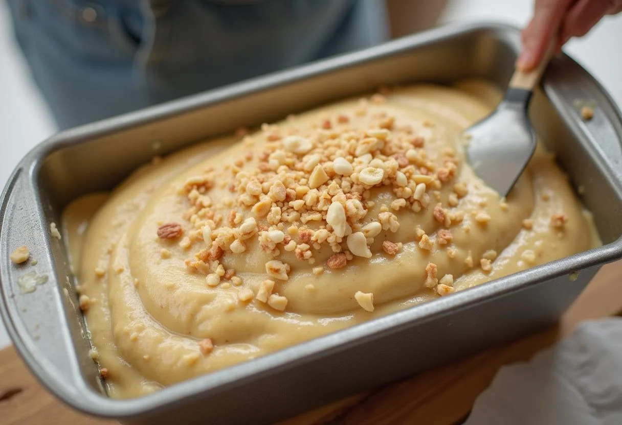 Banana batter in a loaf pan ready to bake for pão de banana.