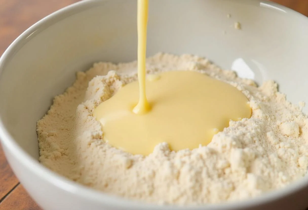 Misturando a mistura de fermento com a farinha para preparar a massa do pão de forma carrinha.