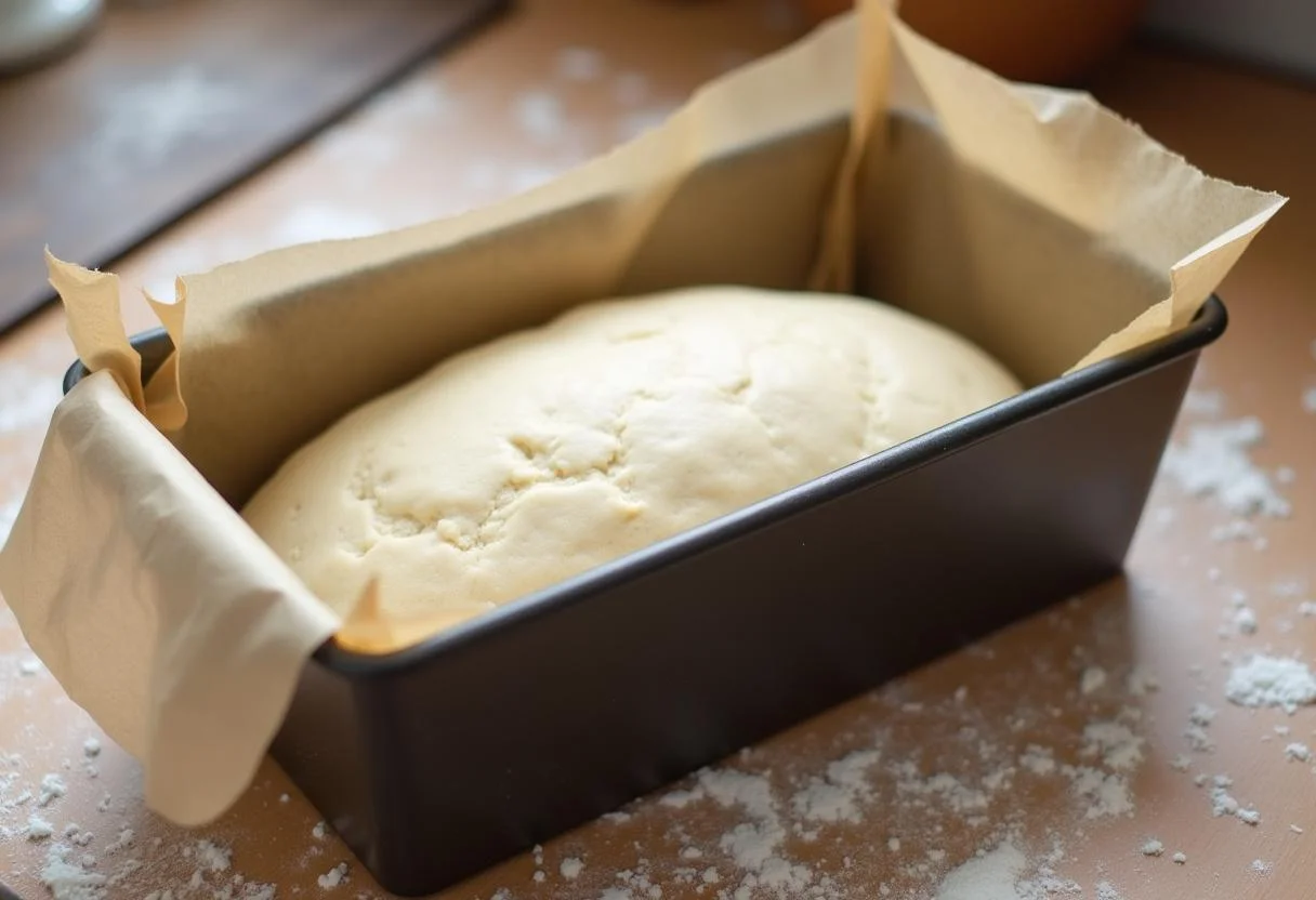 Forma de pão cheia com a massa do pão de forma carrinha pronta para assar.