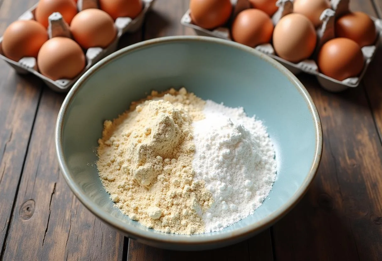 Ingredientes para a receita de pão de ló fofinho com farinha e açúcar em uma tigela.