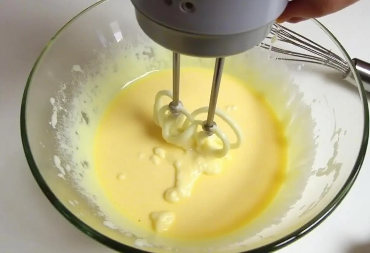 Mistura de ovos e açúcar sendo batida para receita de pão de ló humido.
