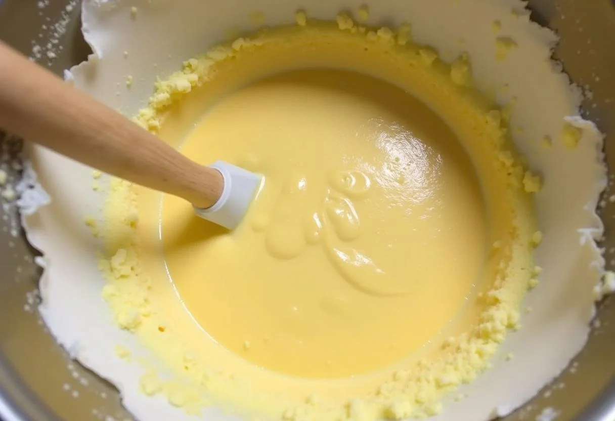 Massa de pão de ló humido sendo mexida com manteiga derretida para a receita.