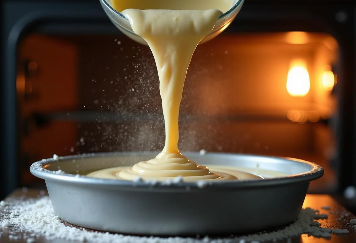 Massa de pão de ló sendo colocada na forma para assar segundo a receita tradicional.