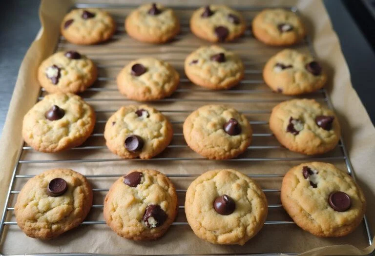Biscoitos assados sobre papel manteiga, prontos para serem servidos.