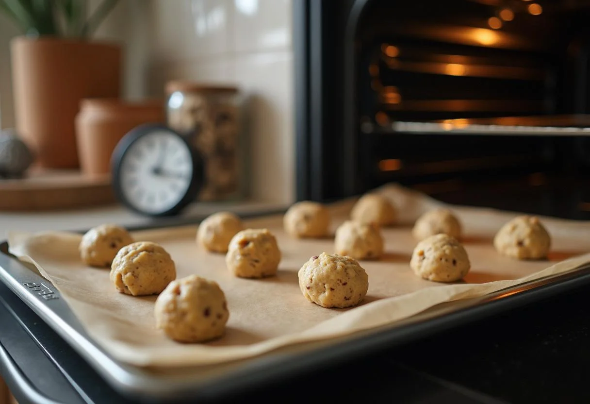 Assadeira com bolinhas de biscoito e papel manteiga pronta para ir ao forno.