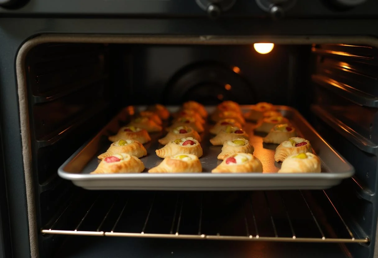 Massa de pastel de nata crocante sendo colocada no forno para assar.
