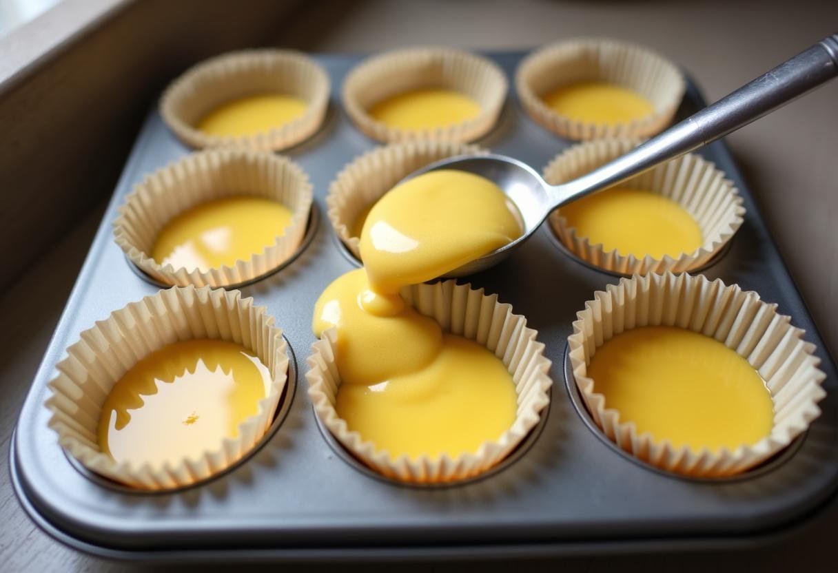 Copos de muffin preparados para receber a mistura de pastel de nata light, focando nas calorias de um pastel de nata.
