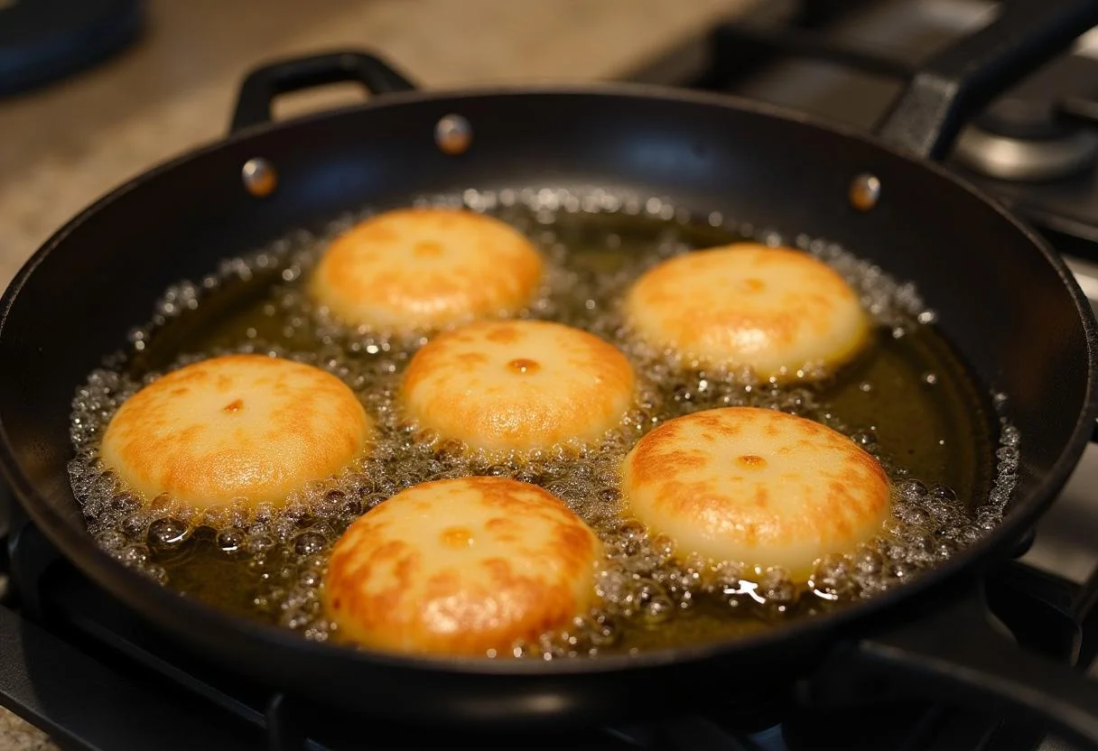 Pataniscas de bacalhau sendo fritas em uma panela, uma autêntica receita de pataniscas de bacalhau da tia cátia.
