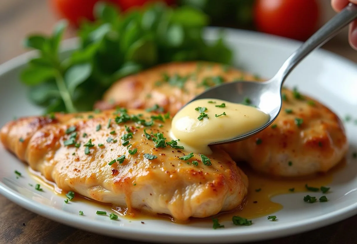 Adicionando recheio cremoso de queijo ao peito de frango recheado.