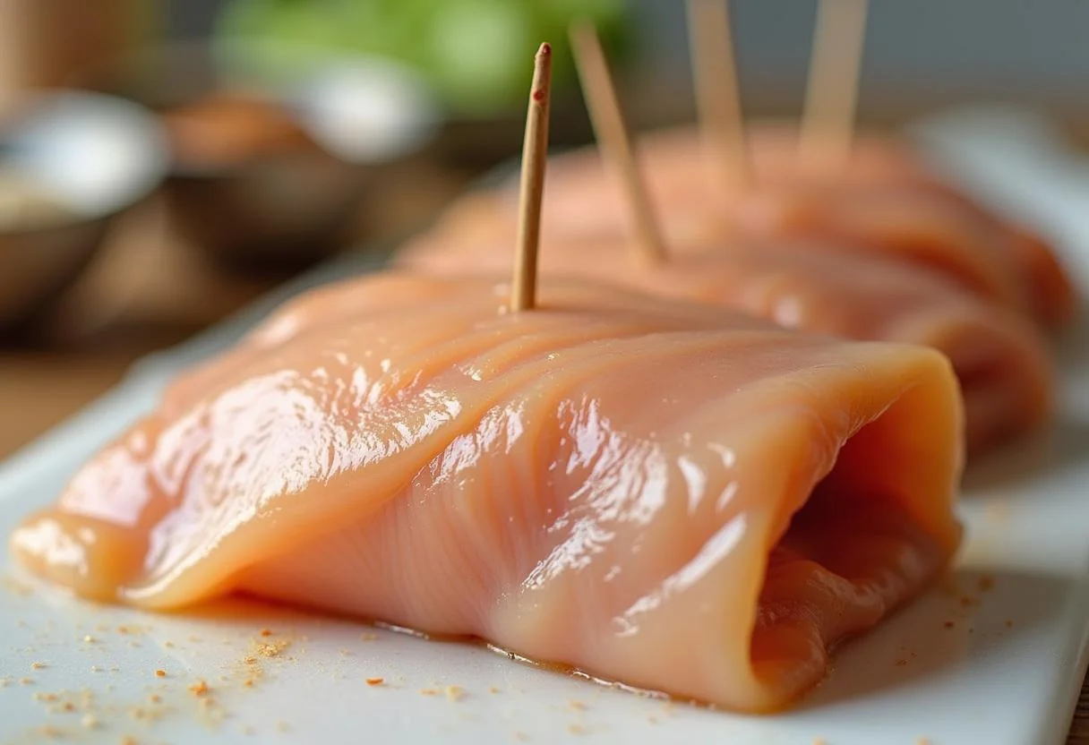 Peito de frango recheado sendo enrolado e preso com palitos de dentes.