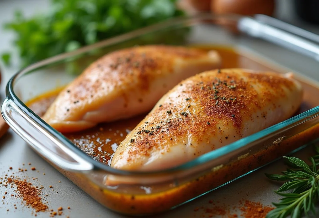 Peito de frango marinado em temperos para receita de peito de frango no forno.