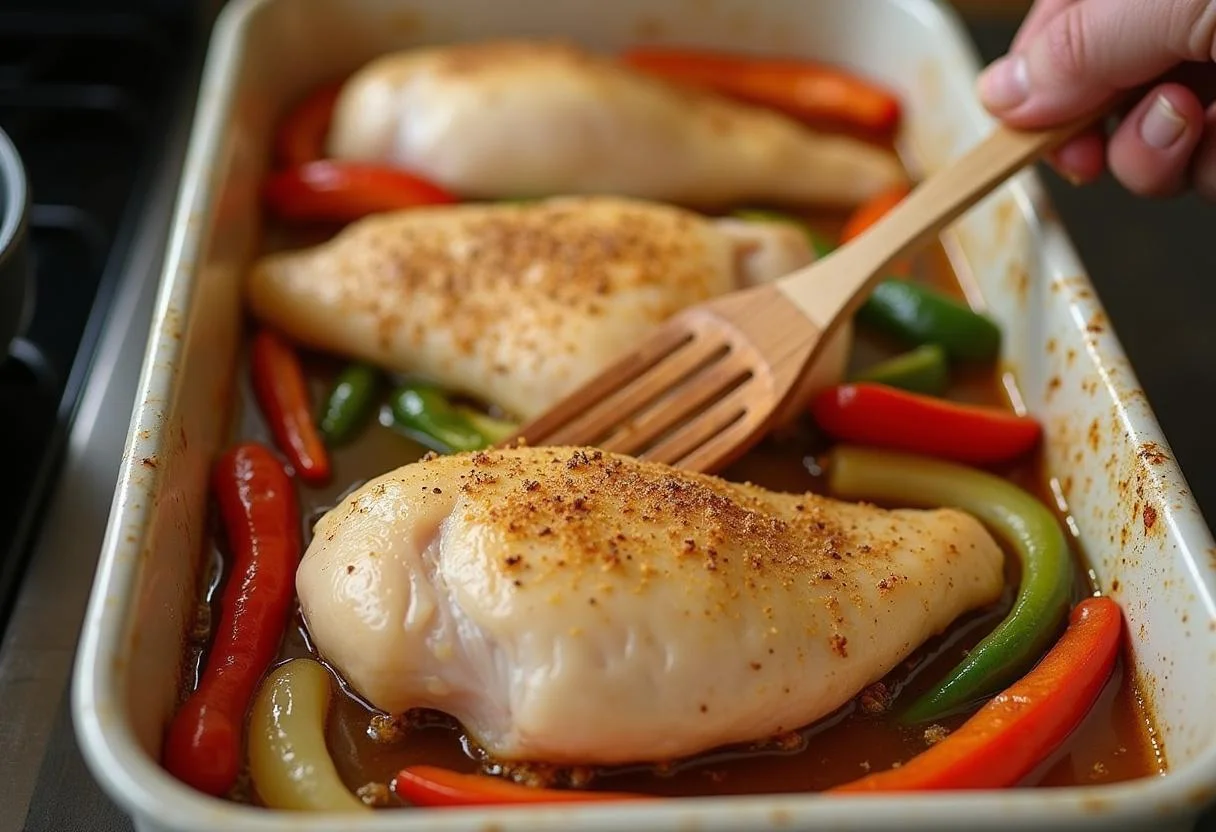 Frango teriyaki sendo colocado em uma travessa com legumes para peito de frango no forno.