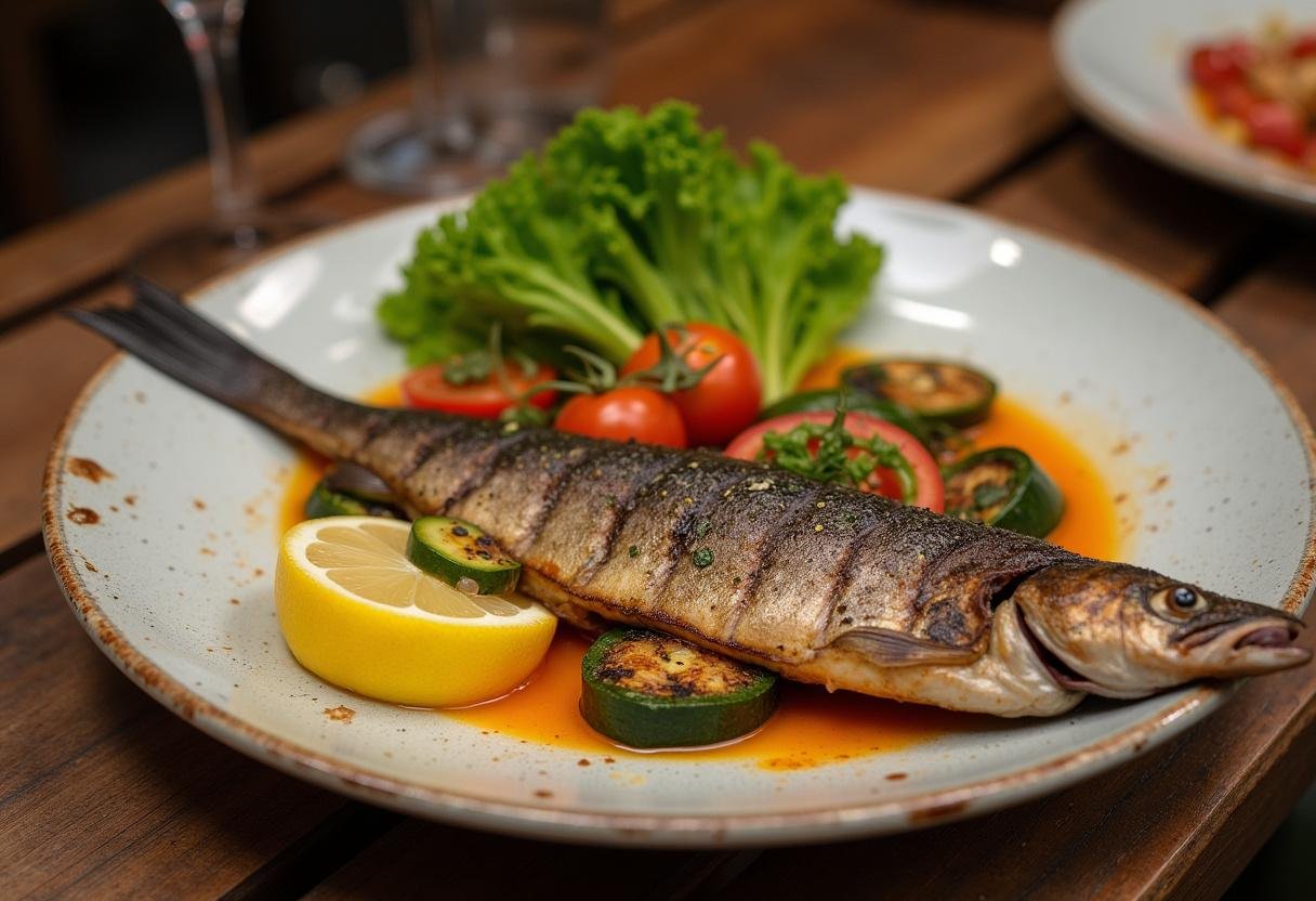 Delicioso peixe agulha grelhado servido com vegetais, perfeito para uma refeição.