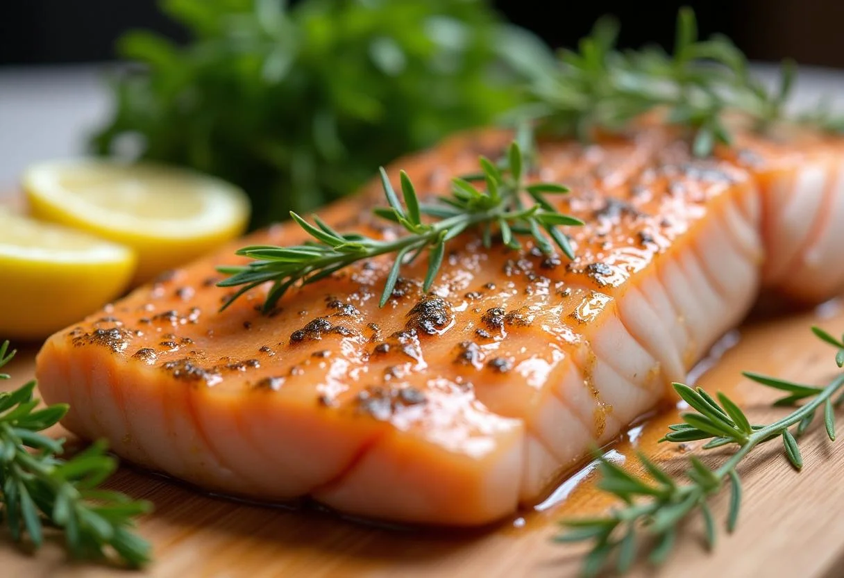 Filé de peixe agulha marinando com ervas e limão, pronto para grelhar.
