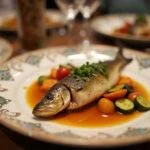 Prato final de peixe lírio grelhado com vegetais coloridos, perfeito para um jantar especial.