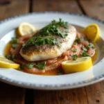 Finished dish of peixe palhaço, a tasty tempered clownfish meal ready to be enjoyed.