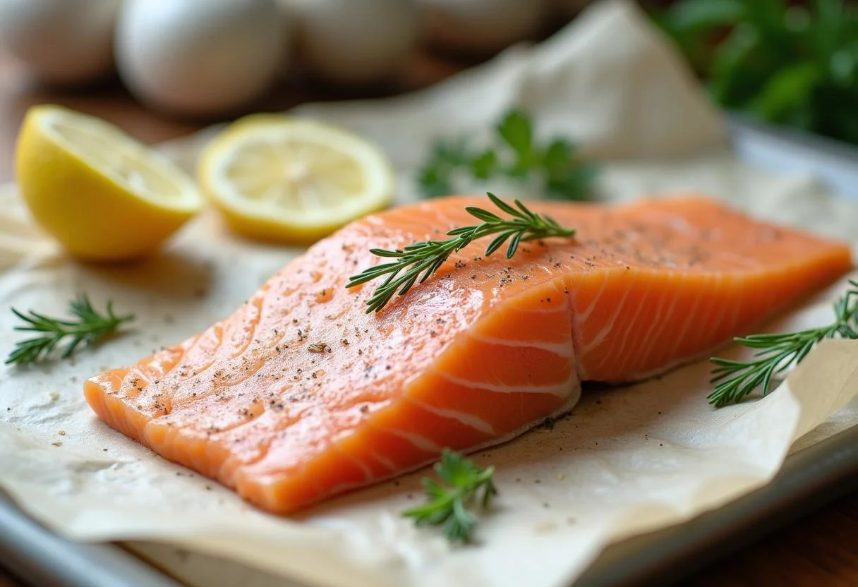Preparando peixe ruivo em papelote com limĂŁo e ervas frescas.