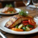 Prato de peixe vermelho grelhado com vegetais coloridos, ideal para uma refeição especial.