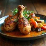 Pernas de frango no forno crocantes servidas com legumes assados, uma delícia caseira.