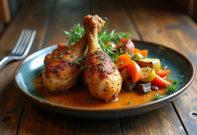 Pernas de frango no forno crocantes servidas com legumes assados, uma delícia caseira.