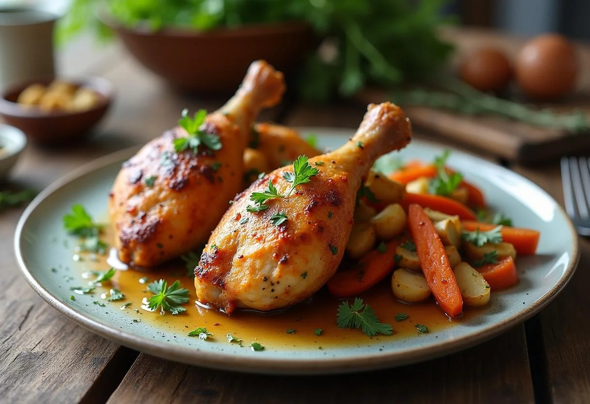 Pernas de frango no forno crocantes servidas com legumes assados, uma delícia caseira.