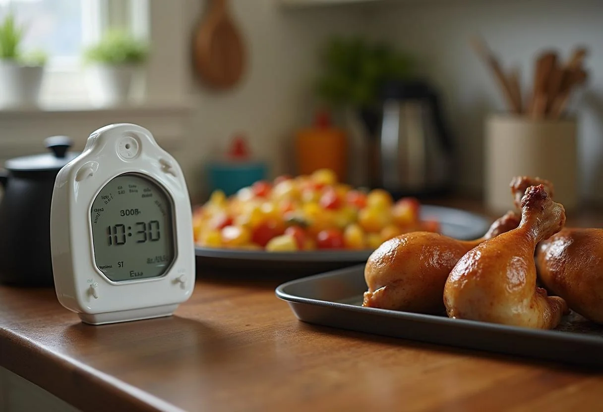 Preparando o timer para assar pernas de frango no forno com vegetais ao lado.