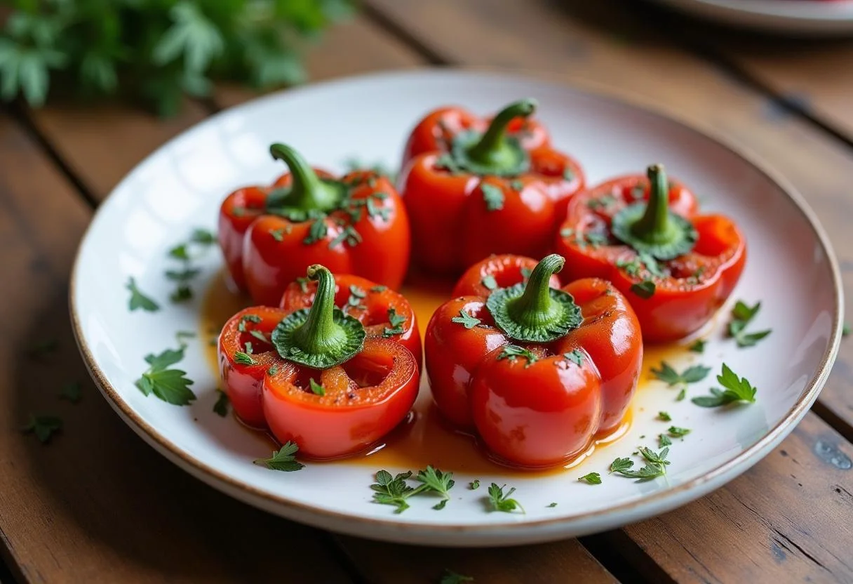 Pimentos vermelhos assados decorados com ervas frescas, perfeitos para uma refeição.