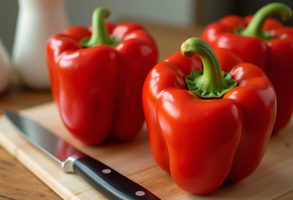 Pimentos vermelhos frescos em uma tábua prontos para serem assados.