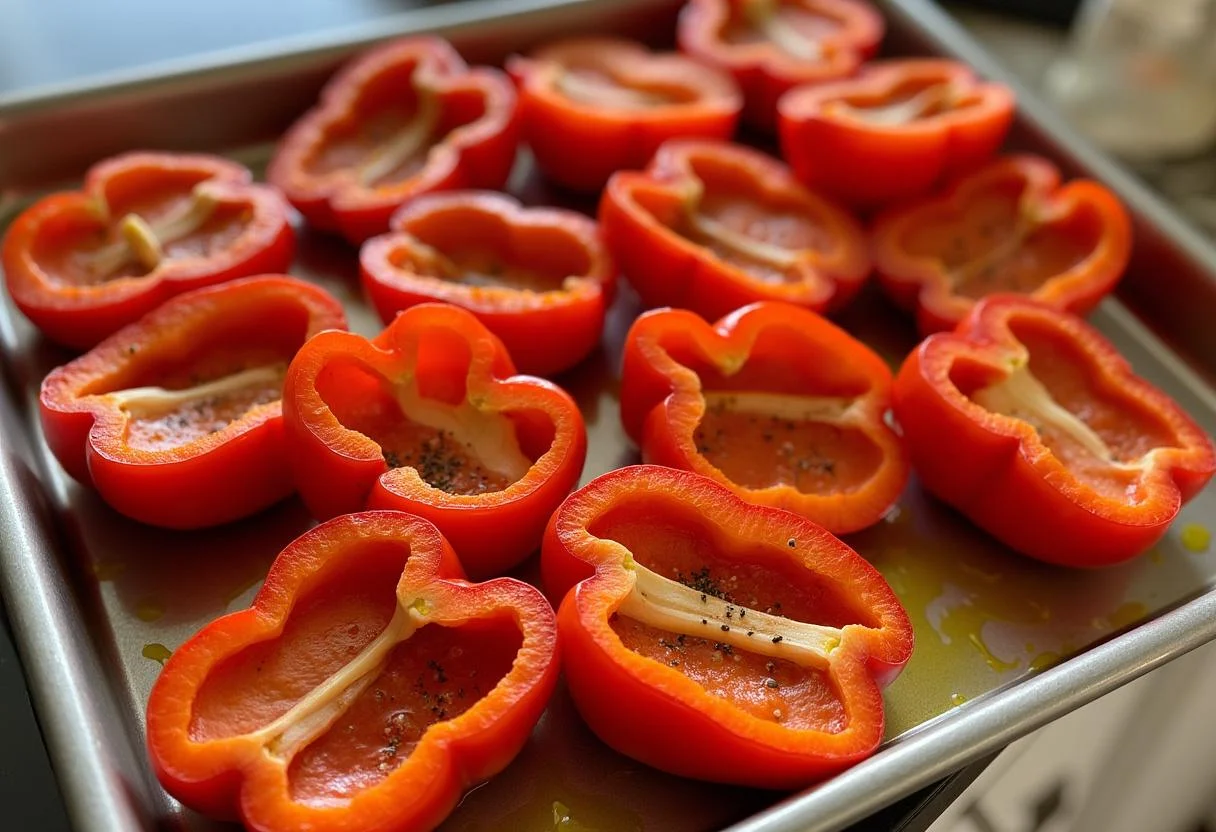 Pimentos vermelhos com azeite e temperos prontos para assar no forno.