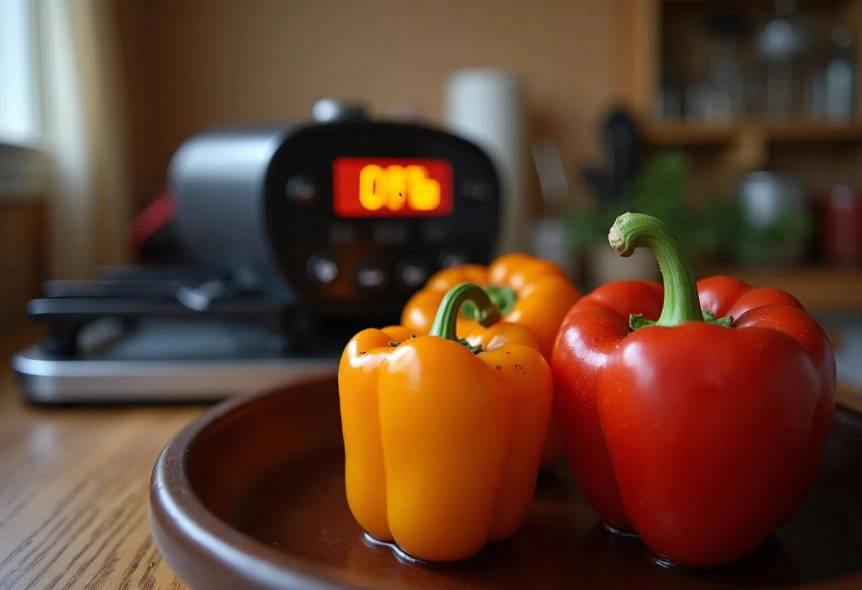 Timer pronto para assar pimentos vermelhos no forno, criando um ambiente aconchegante.