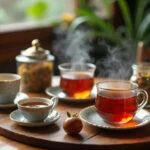Tea table setup with steaming tea and planta manteiga jars, ideal for afternoon tea.