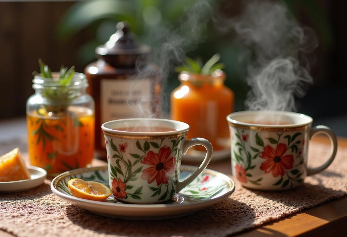 Tea table setup with steaming tea and planta manteiga jars, ideal for afternoon tea.