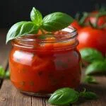 Final presentation of polpa de tomate natural in a jar, showcasing the vibrant color and fresh ingredients.