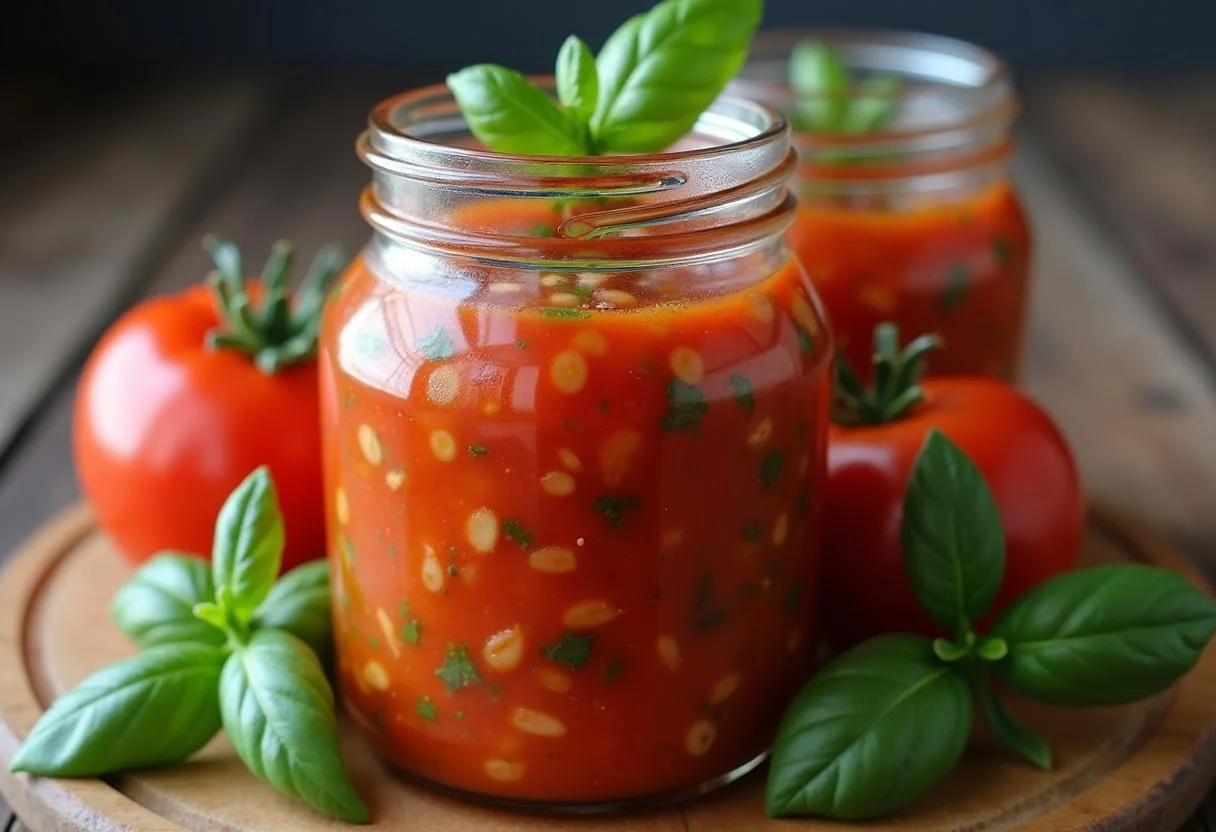 Final presentation of polpa de tomate natural in a jar, showcasing the vibrant color and fresh ingredients.