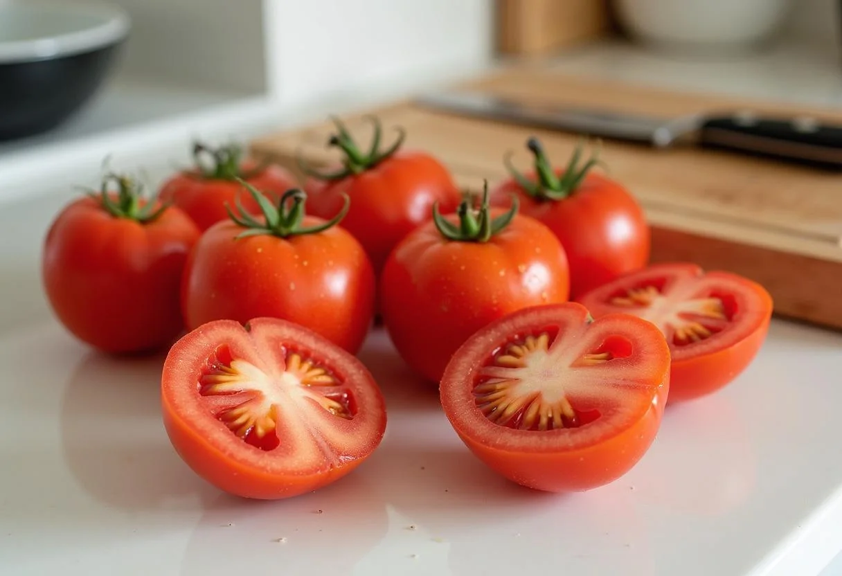 Tomatoes halved for making polpa de tomate natural, a fresh tomato puree.