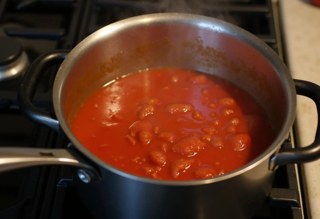 Simmering blended tomatoes in a pot for making polpa de tomate natural, together with spices.