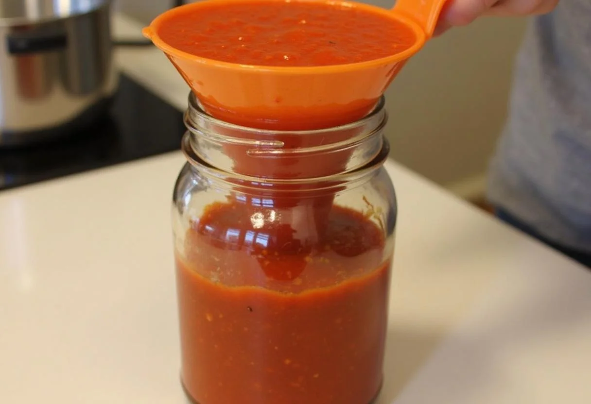Filling a jar with freshly made polpa de tomate natural, a pure and delicious tomato sauce.