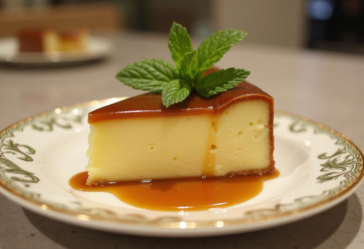 Slice of Pudim Francês Leve served on a plate with caramel sauce, a delightful French pudding.