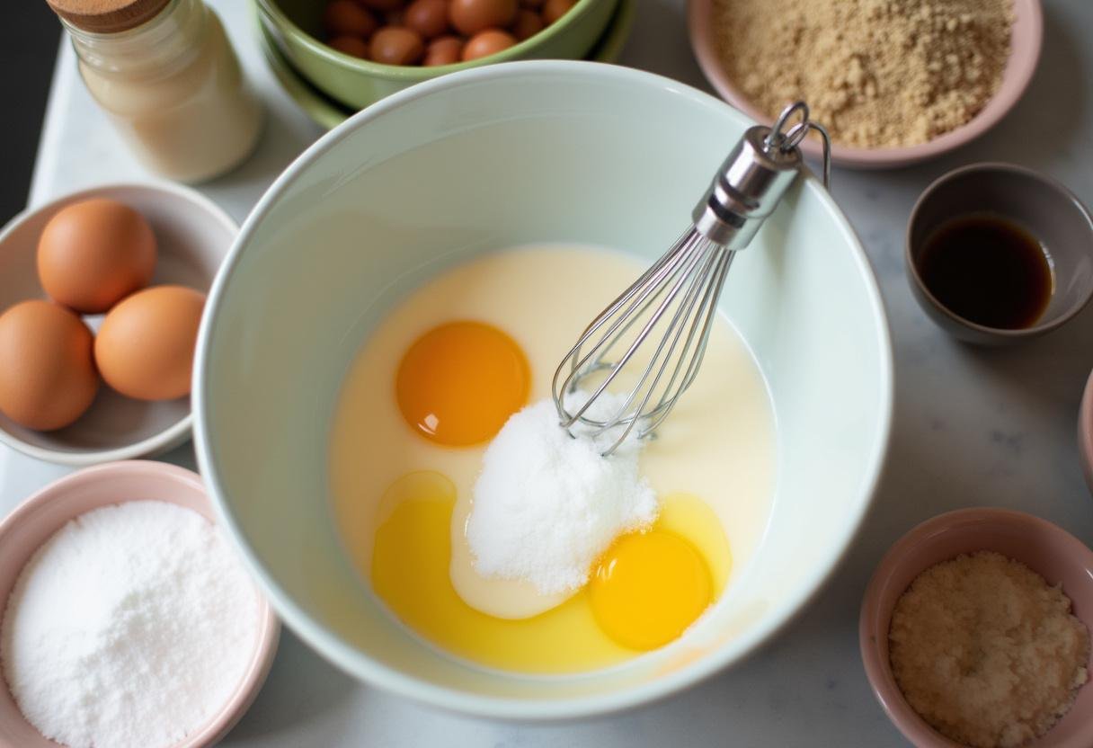 Ingredients for Pudim Francês arranged in a mixing bowl for French pudding preparation.