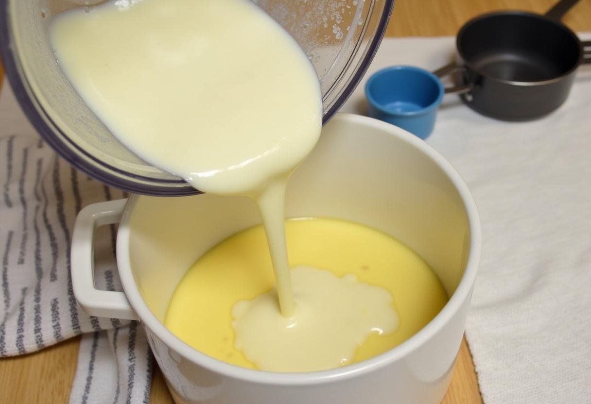 Pouring the pudding mixture into a mold for making Pudim Francês Leve.