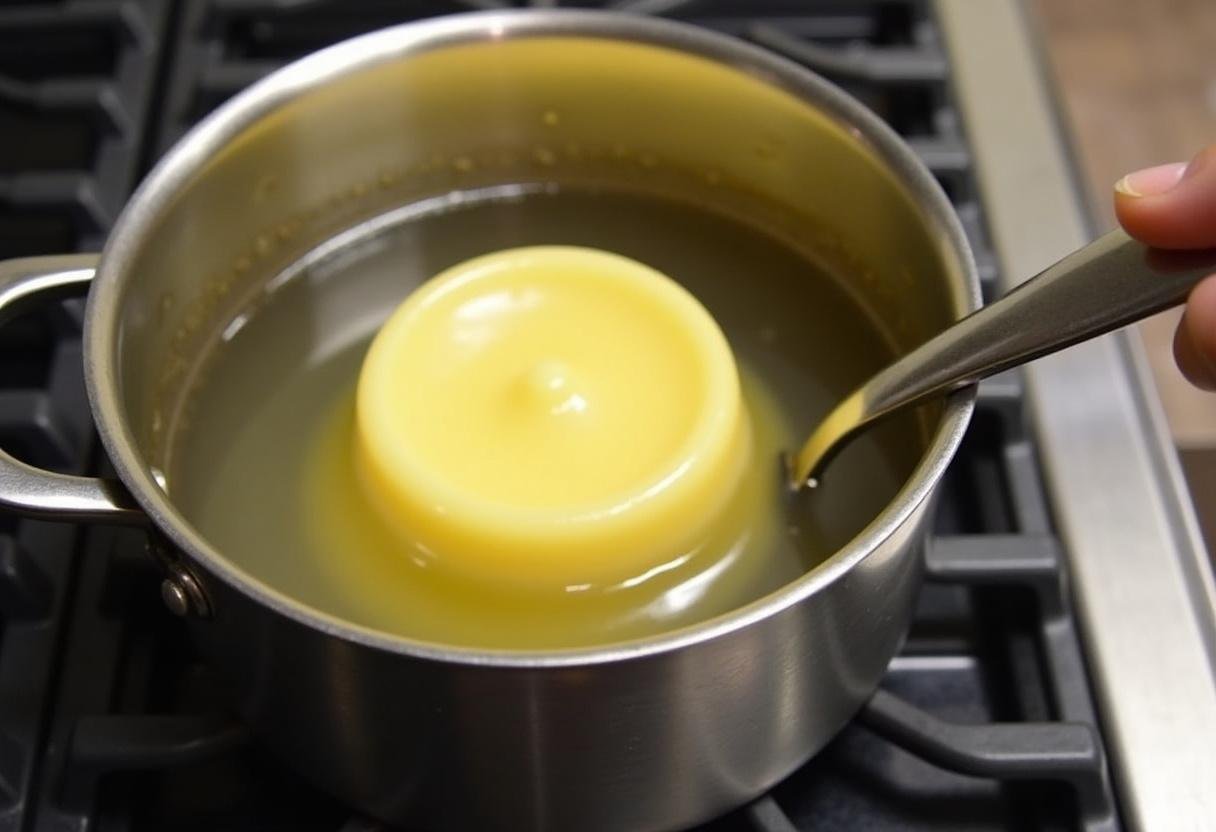 Setting up a bain-marie for steaming Pudim Francês Leve in a pot.