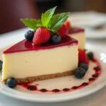 Delicious slice of pudim proteico with berries and mint, perfect for healthy dessert.