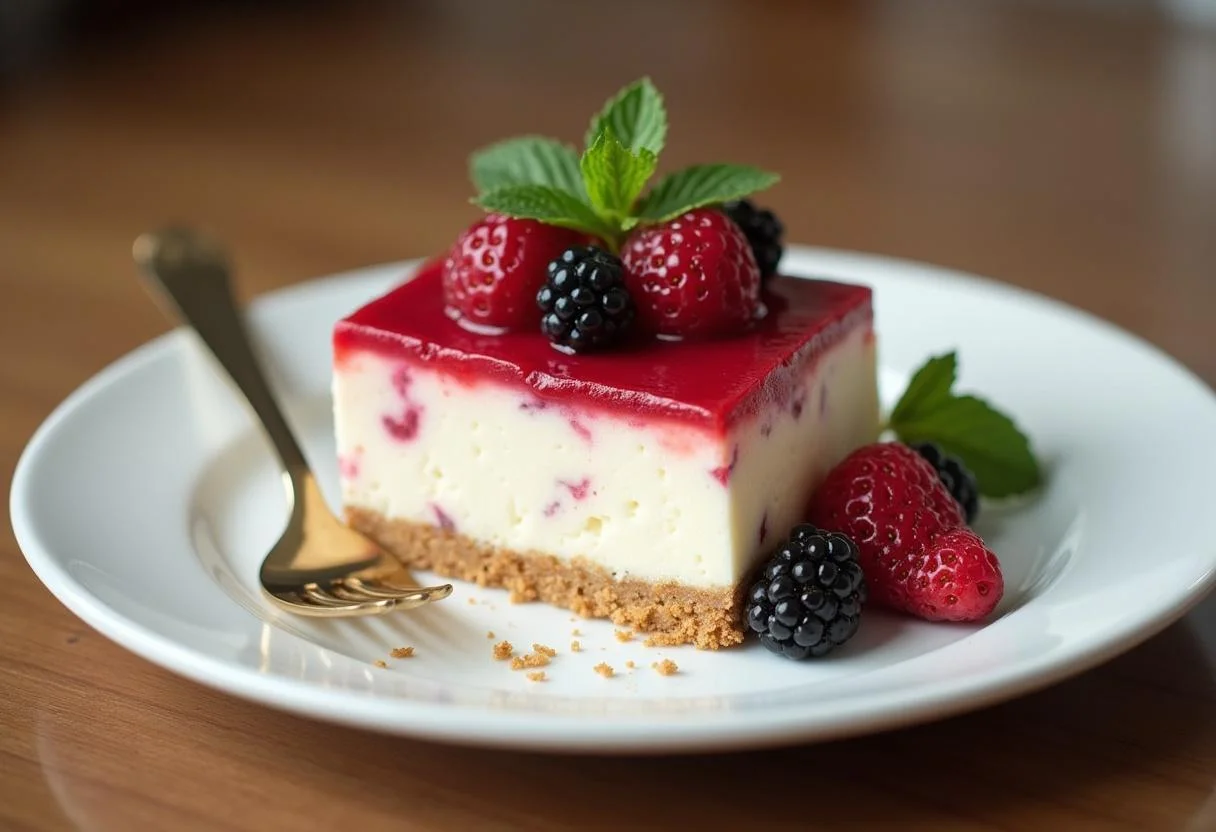 Delicious slice of pudim proteico with berries and mint, perfect for healthy dessert.