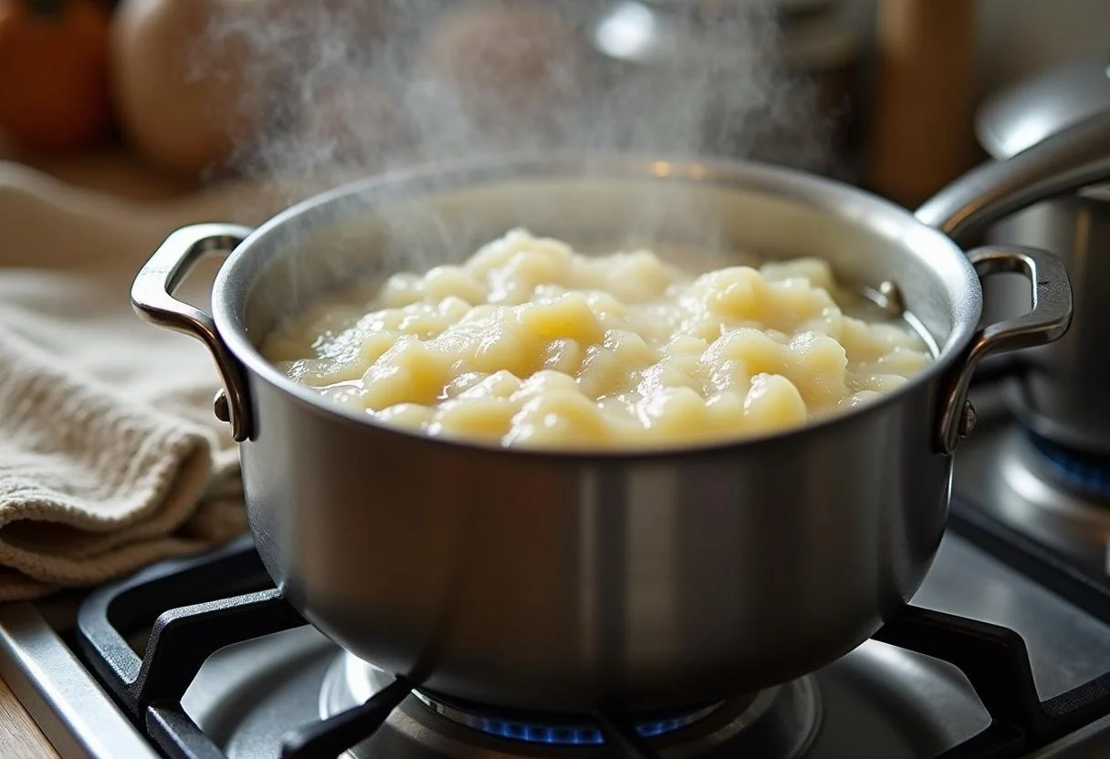 Steam rising from a pot with pudim proteico mold cooking in a water bath.