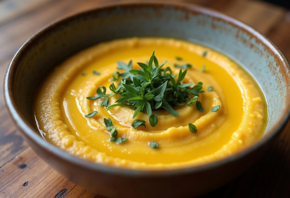 Puré de batata doce finalizado e decorado com ervas, ideal para servir.