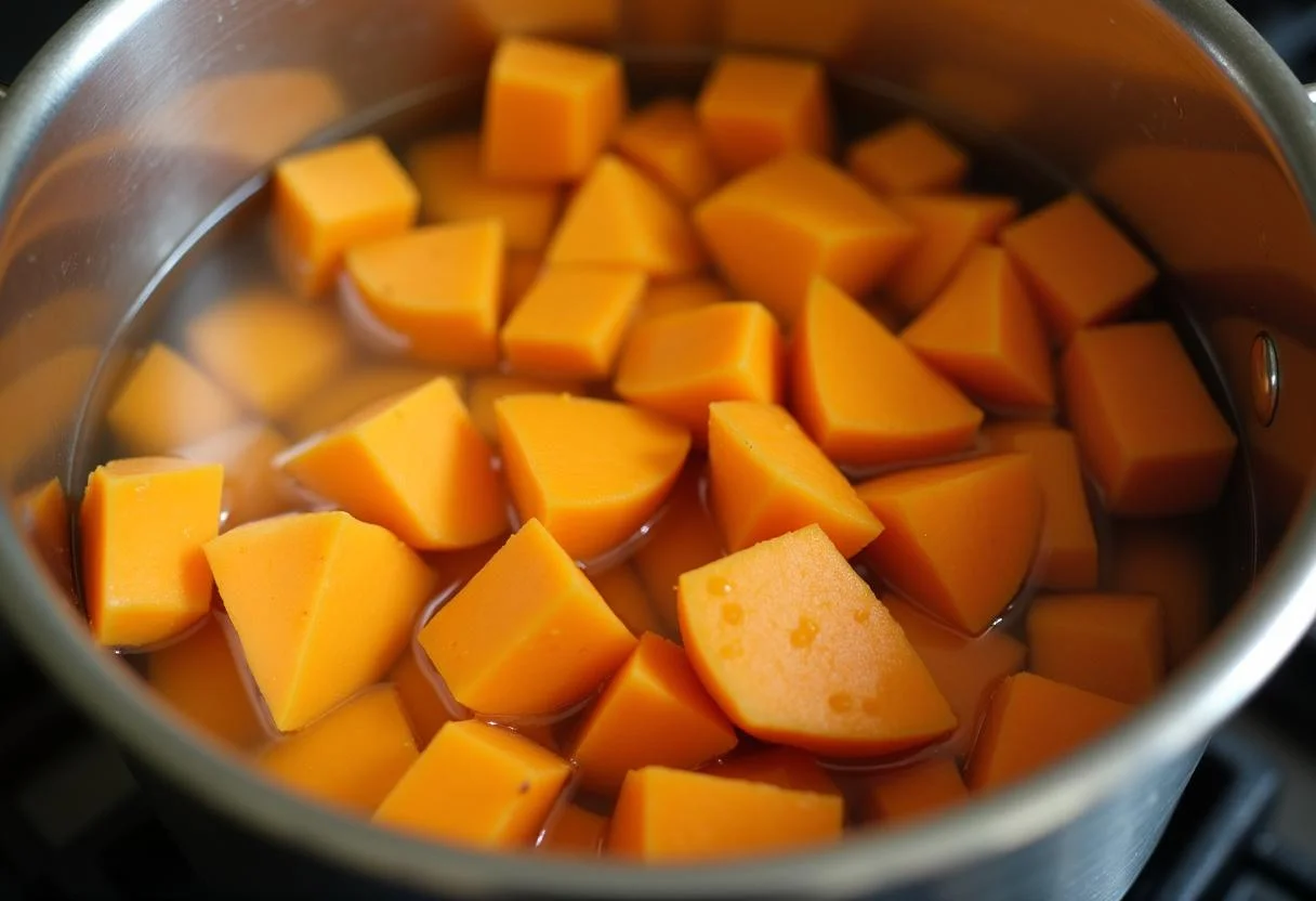 Batatas doces picadas em uma panela para fazer puré de batata doce.